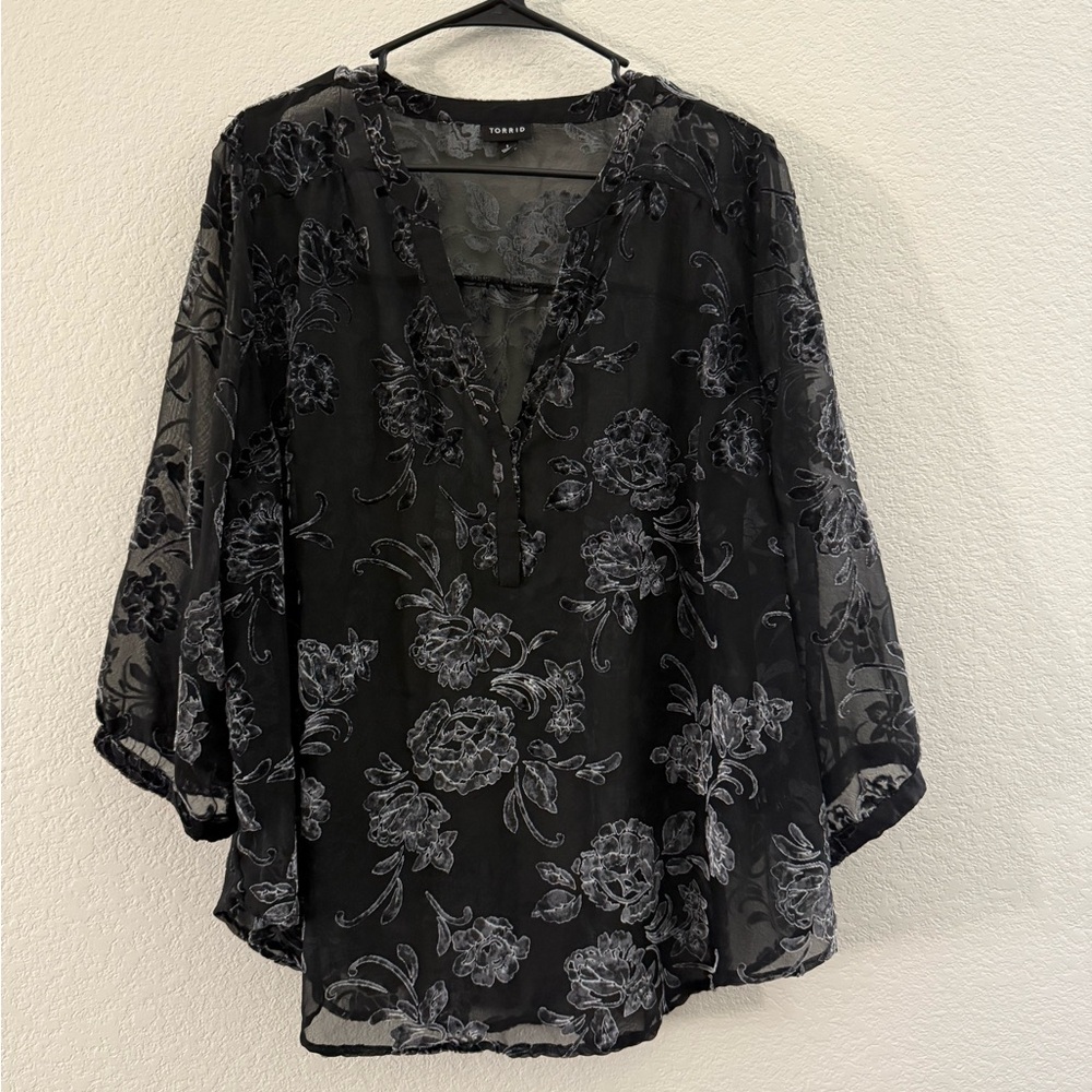 Torrid Harper Black Floral Burnout Velvet Blouse